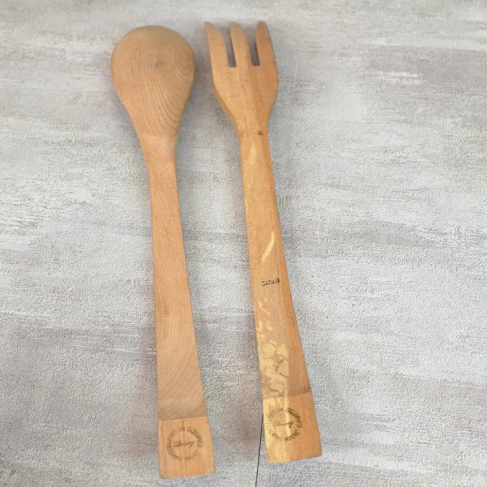 Vintage Primitive Wooden Salad Spoon Fork Set Marked  Made in Occupied Japan MCM